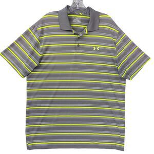 Under Armour HeatGear Polo Shirt Mens XL Gray Neon Yellow Striped Golf Athletic